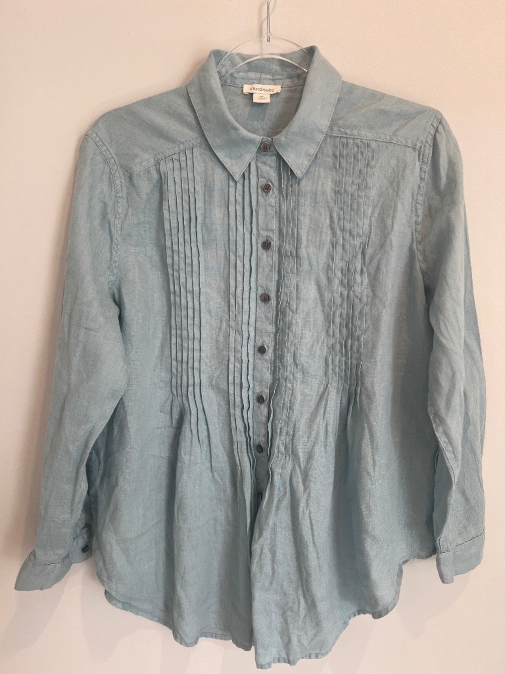 SUNDANCE Light Blue 100% Linen Pintuck Pleated Button Down Shirt Tunic PL
